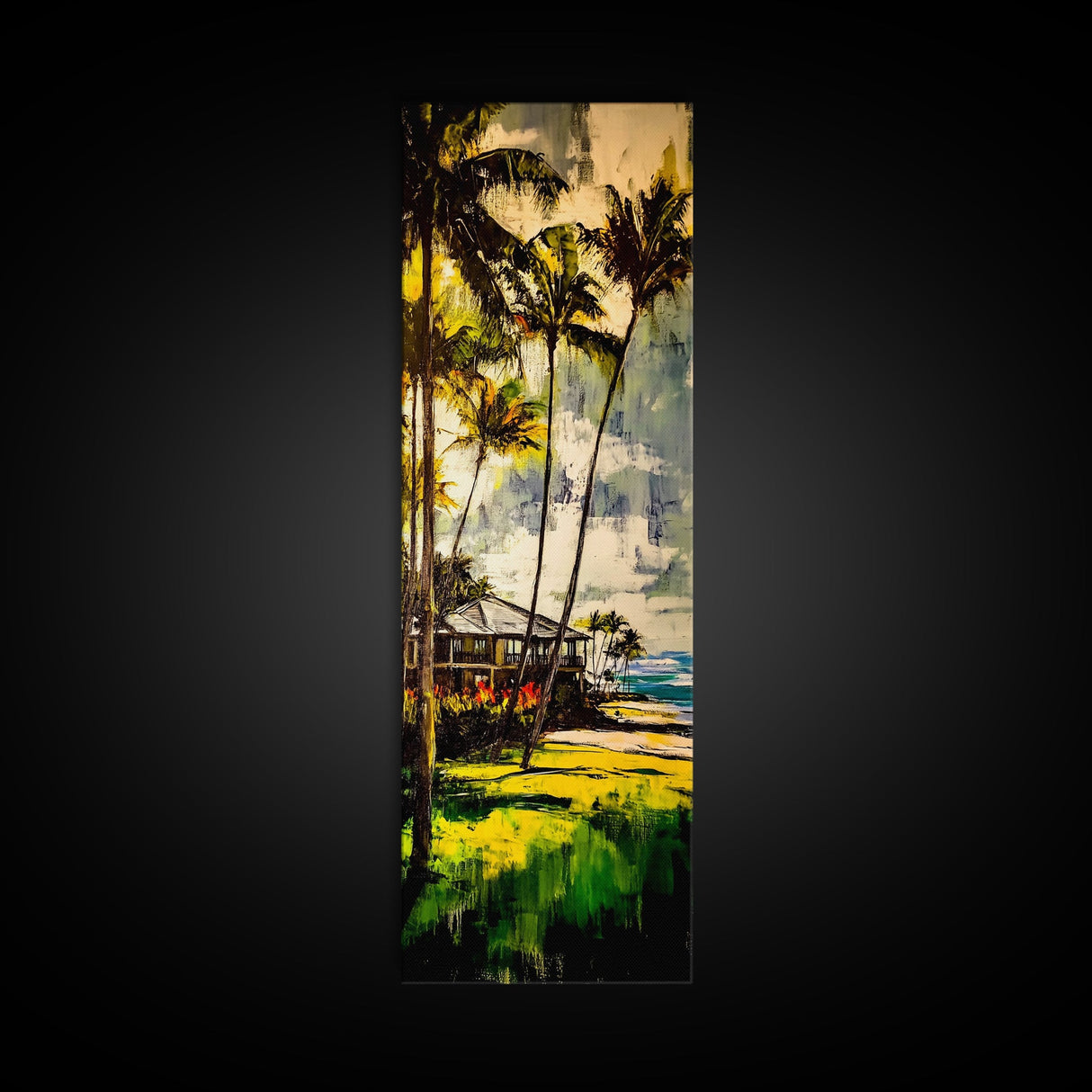 Tropical Landscape Painting, Palm Tree Art, Beach House Wall Decor, Coastal Summer Art, Vibrant Green and Yellow Art, Framed Canvas Print