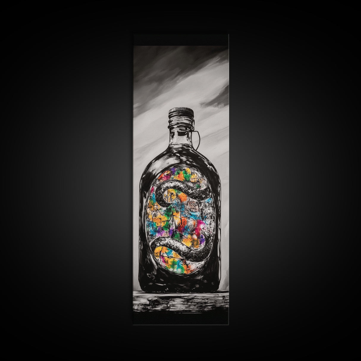 Snake in Bottle, Surreal, Dark Art, Framed Canvas Print, Gothic Home Decor, Unique Gift, Mysterious Artwork, Living Room Wall Art