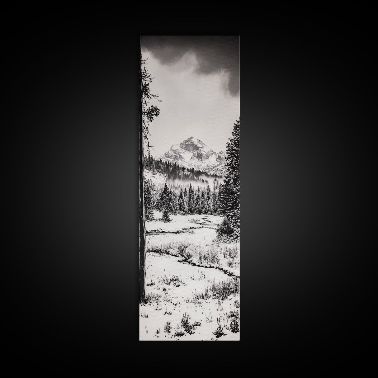 Winter Landscape, Snowy Mountains, Canvas Print, Black and White Photography, Rustic Home Decor, Cozy Cabin Wall Art, Nature Photography