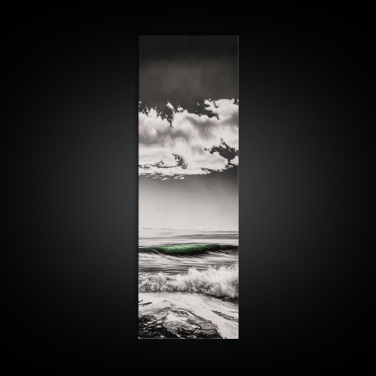 Coastal Waves, Black and White, Green Wave, Framed Canvas Print, Modern Beach Wall Art, Minimalist Ocean Decor, Living Room Art