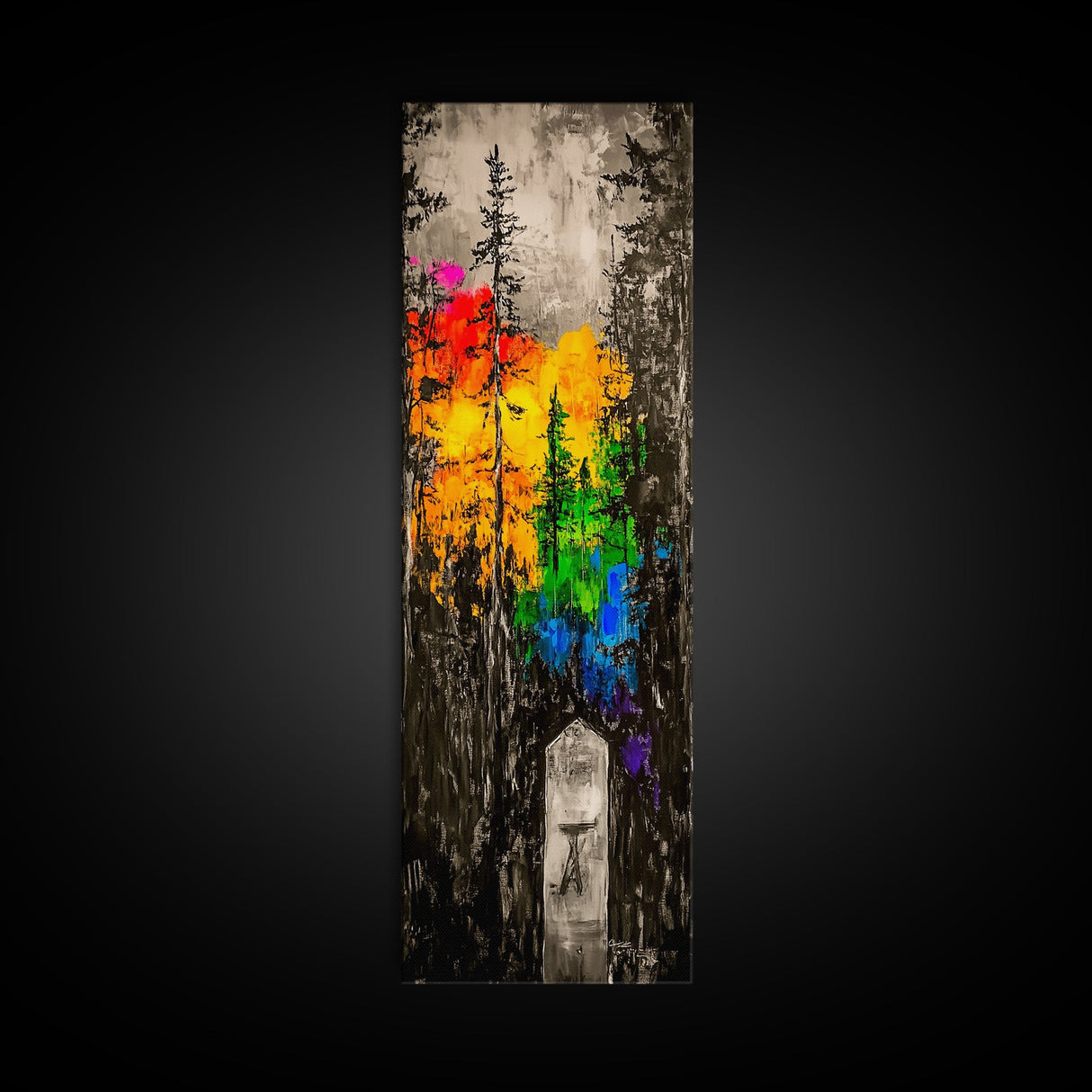 Rainbow Forest, Abstract Trees, Dark Woodland, Canvas Print, Vibrant Nature Art, Boho Home Decor, Fall Wall Artwork