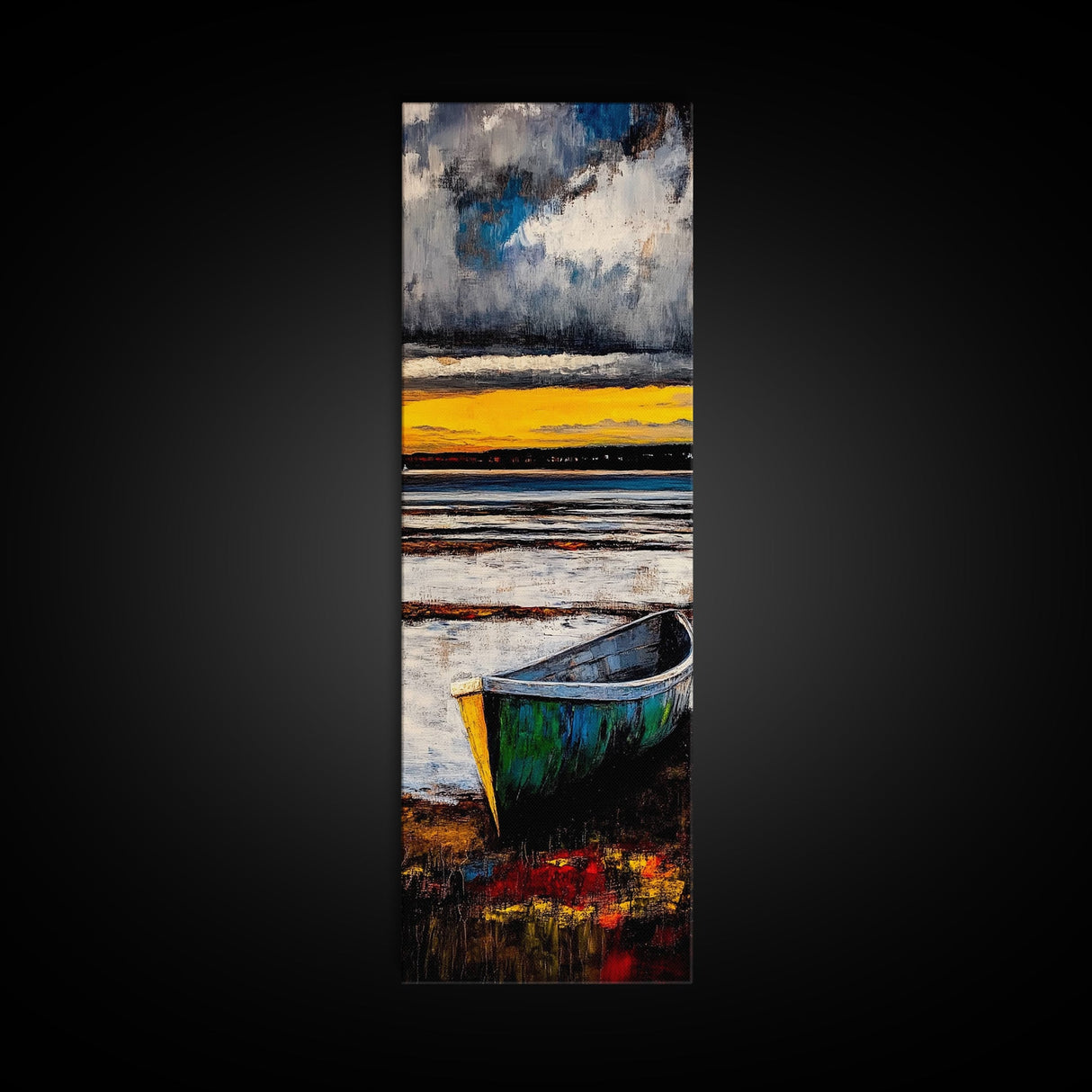 Boat on Shore, Sunset Painting, Coastal Decor, Nautical Wall Art, Framed Canvas Print, Living Room Art, Rustic Seascape, Ocean Scene