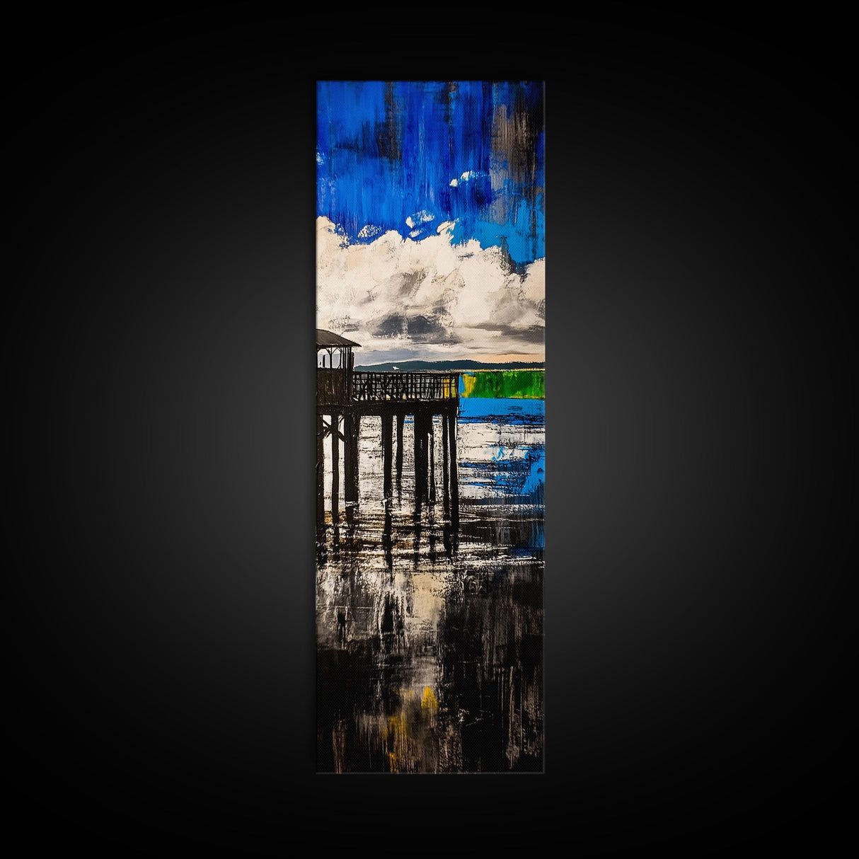 Dock on Water, Rustic Coastal Art, Blue Tones, Nautical Painting, Framed Canvas Print, Living Room Decor, Lakeside Cabin Wall Art