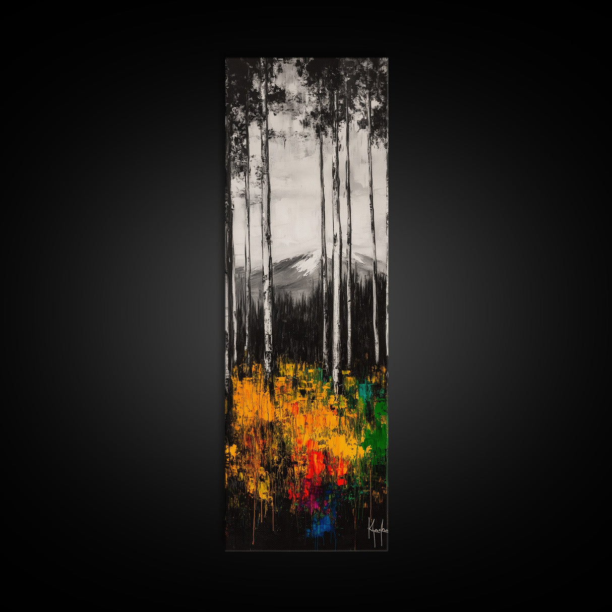 Birch Forest Painting, Mountain Wall Art, Black and White Landscape, Nature Artwork, Cabin Decor, Fall Art, Framed Canvas Print