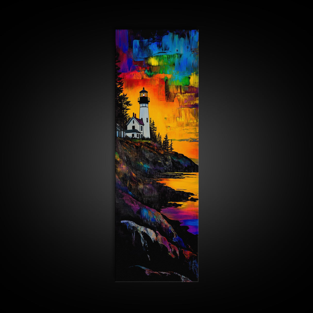 Lighthouse Sunset, Coastal Landscape, Nautical Art, Canvas Print, Colorful Seascape, Ocean Wall Art, Beach House Decor, Vibrant Wall Art