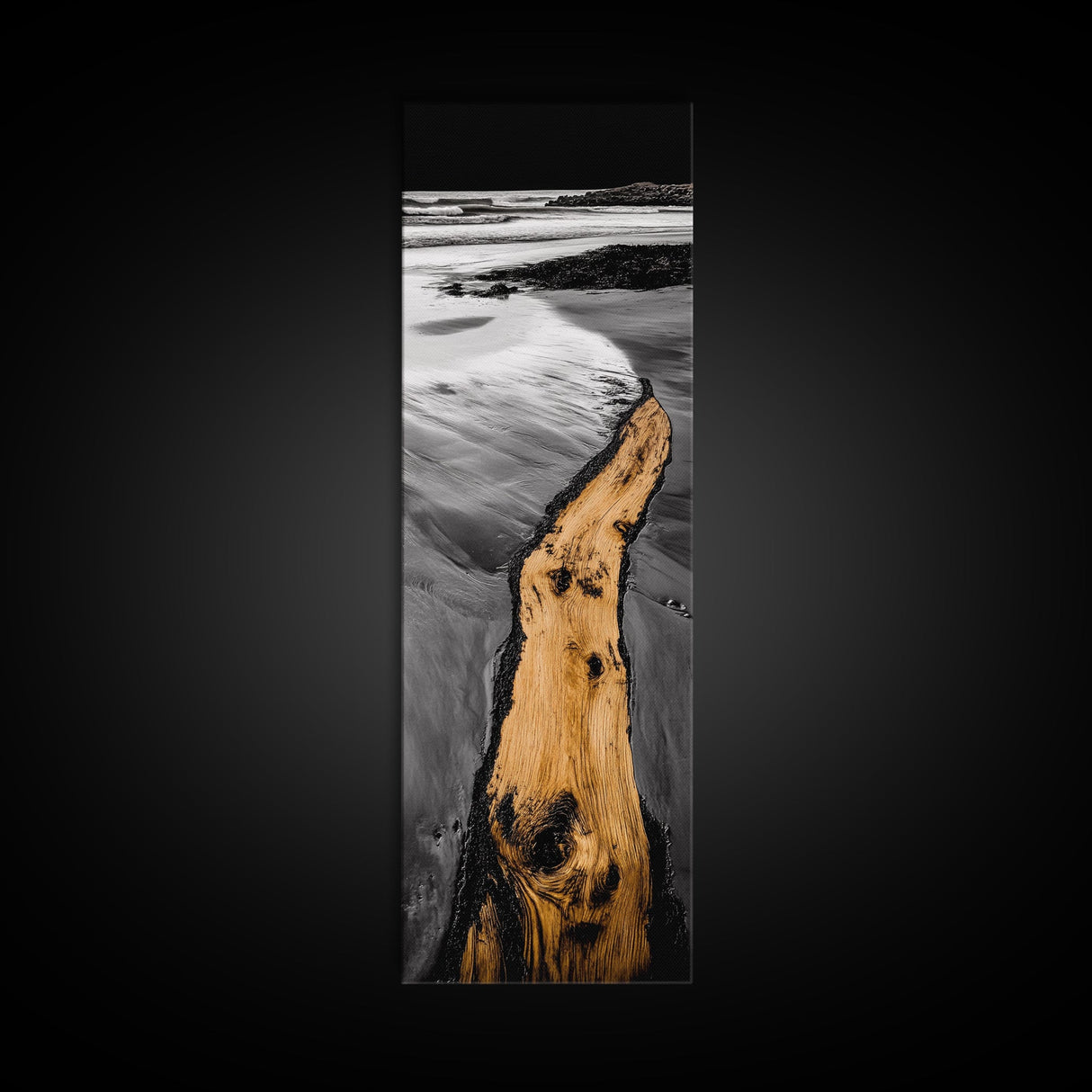 Driftwood Shore, Black and White Art, Coastal Landscape, Framed Canvas Print, Beach House Decor, Minimalist Artwork, Ocean View