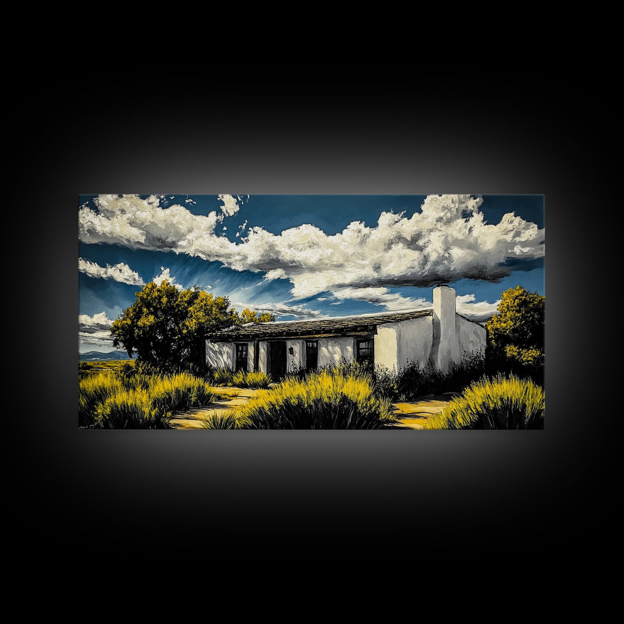 Rustic Desert House, Southwest Wall Art, Western Home Decor, Texas Ranch Art, Adobe House Painting, Earthy Boho Art, Framed Canvas Print