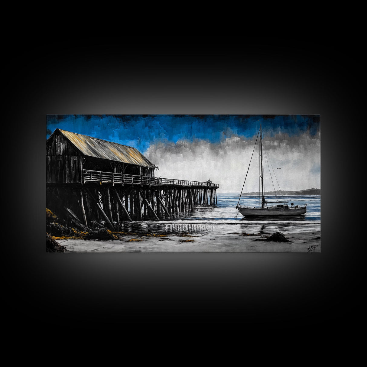 Pier and Boat, Seaside Wall Art, Coastal Landscape, Framed Canvas Print, Nautical Home Decor, Large Artwork, Ocean Painting