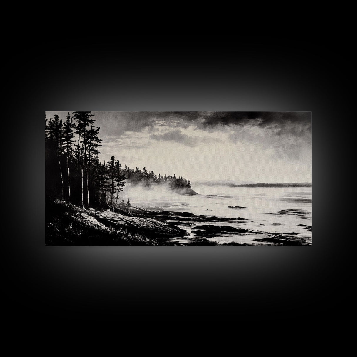 Foggy Coast, Misty Landscape Art, Black and White Wall Art, Canvas Print, Nature Wall Art, Cabin Decor, Moody Art