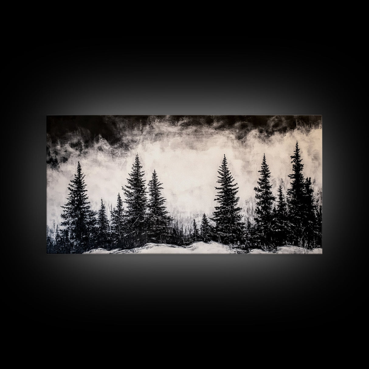 Pine Trees, Fog, Winter, Black and White, Framed Canvas Print, Mountain Art, Rustic Cabin Decor, Christmas Gift, Minimalist Home Wall Art