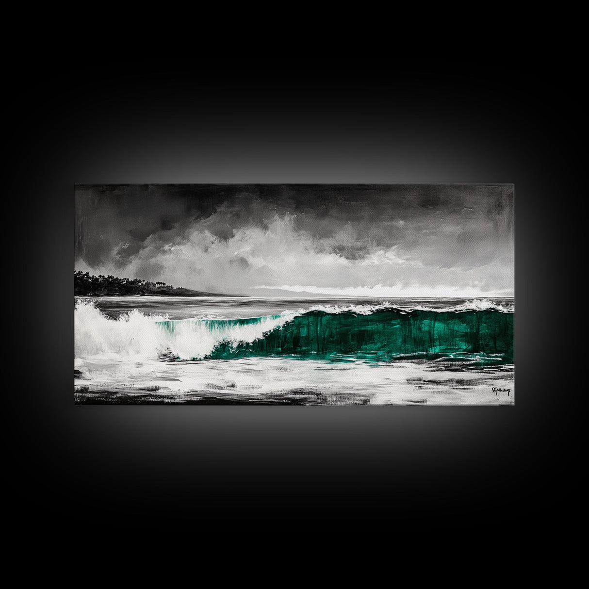 Green Ocean Wave, Dramatic, Black and White, Framed Canvas Print, Coastal Wall Art, Surfer Decor, Beach House Art, Nautical Decor