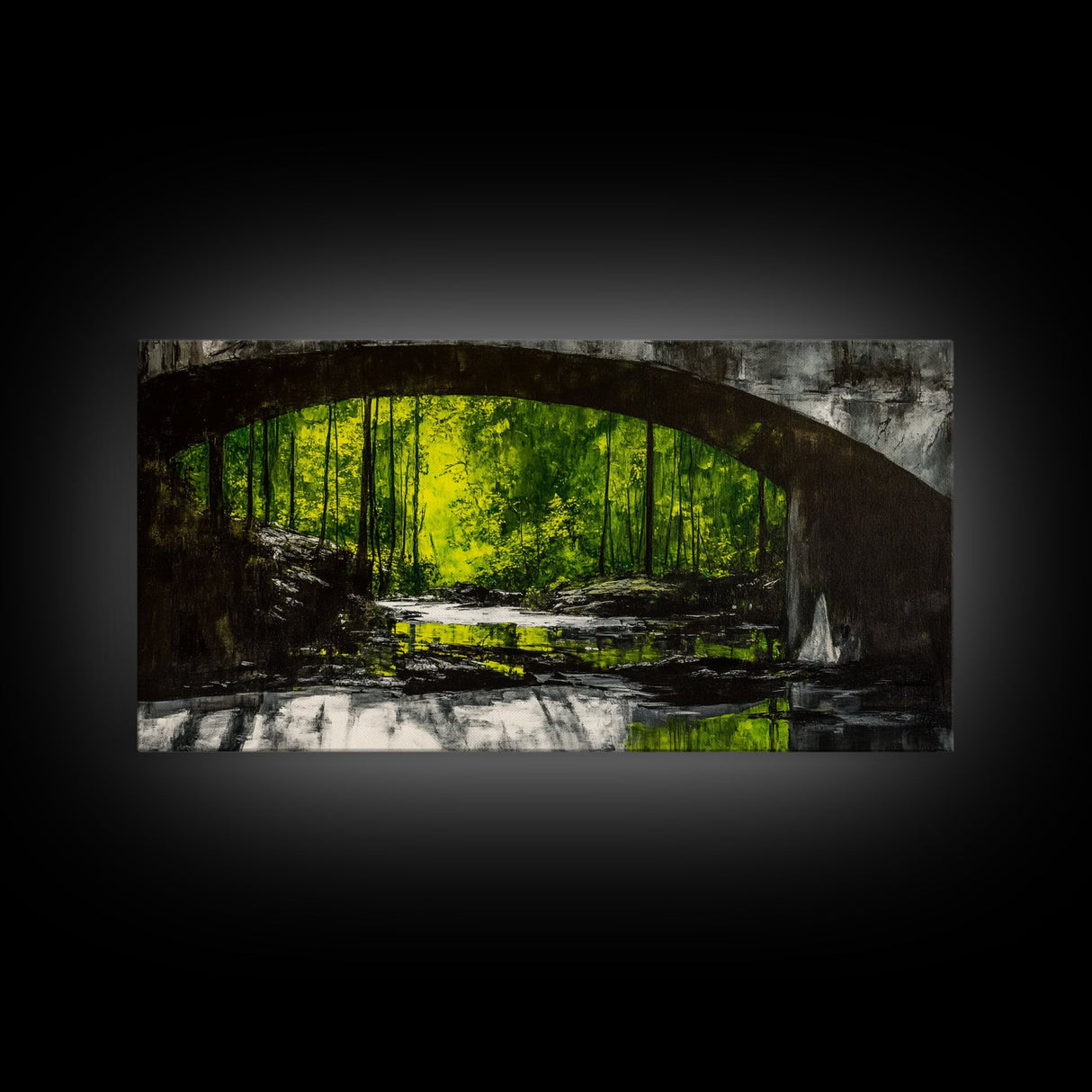 Forest Bridge, Green Nature Art, Canvas Print, Moody Landscape Painting, Rustic Wall Decor, Dark Green Art, Bedroom Wall Art