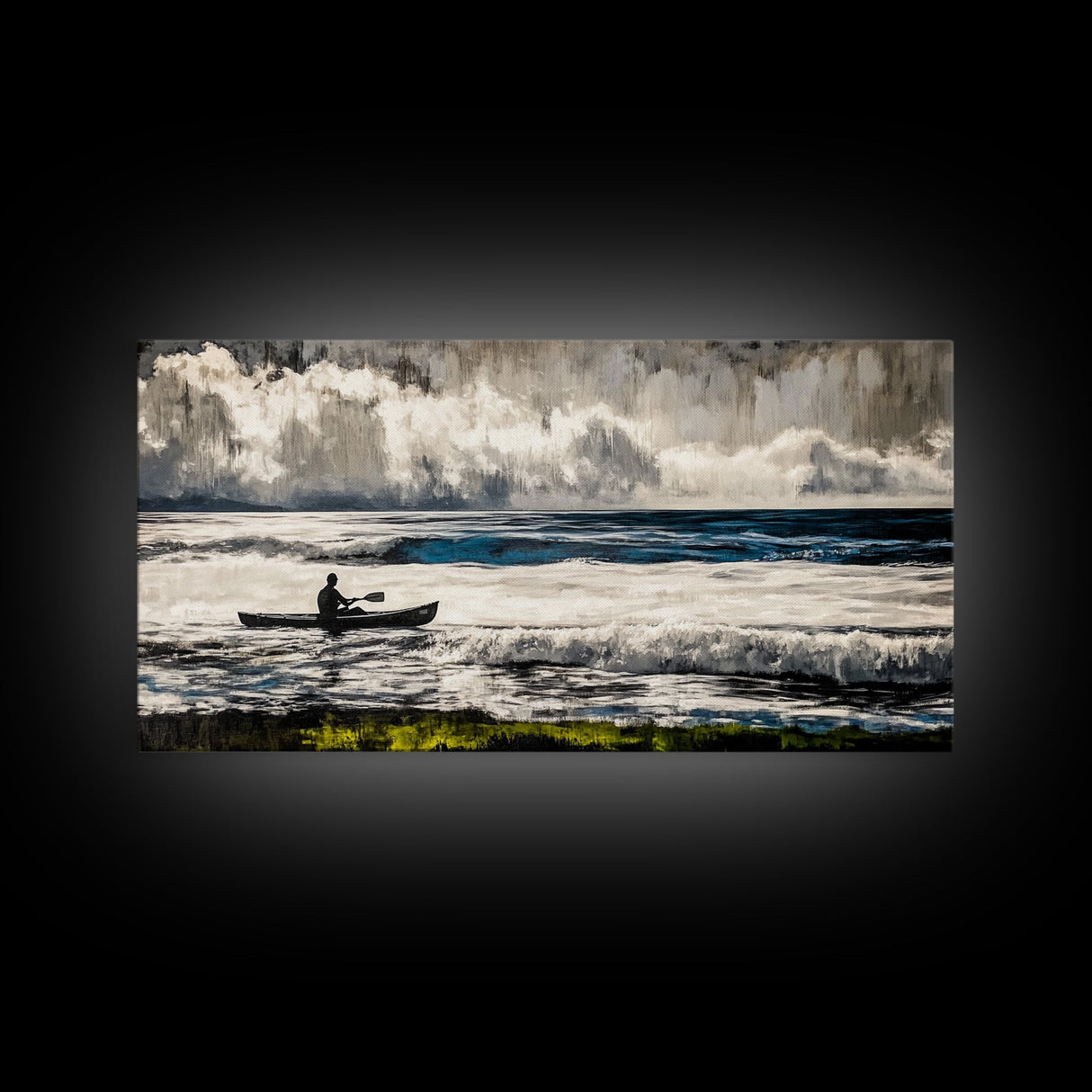 Kayaker on the Waves, Black and White Canvas Print, Ocean Adventure Wall Art, Nautical Decor, Living Room Artwork, Framed Canvas Print