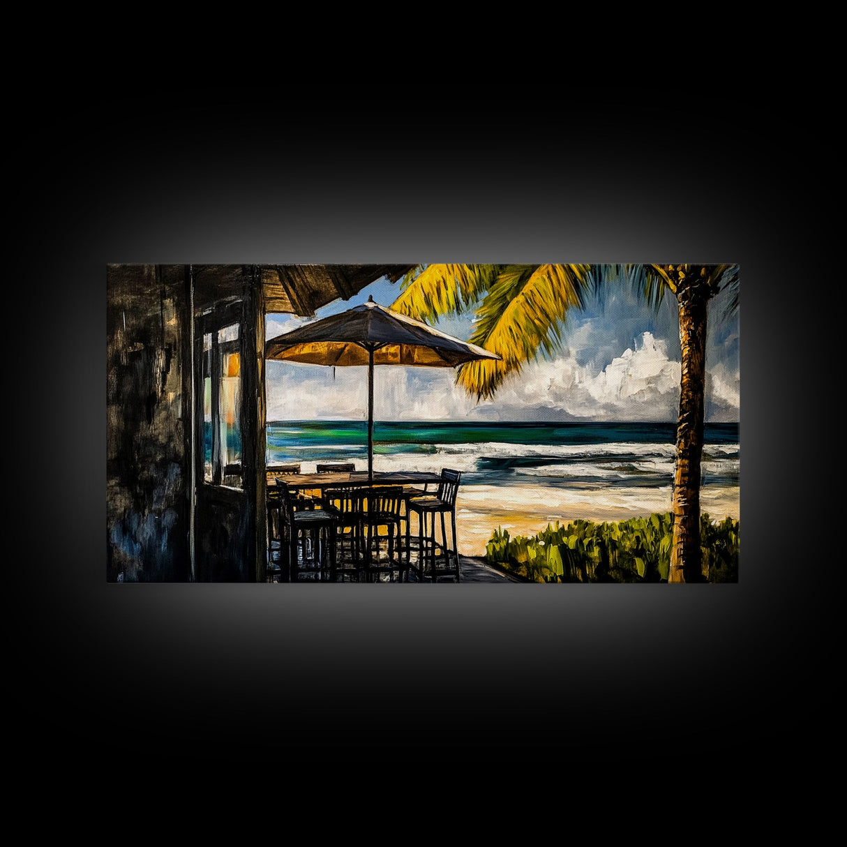 Oceanfront Cafe, Tropical Beach View, Nautical Home Art, Relaxing Coastal Decor, Boho Beach House, Seaside Paradise, Framed Canvas Print