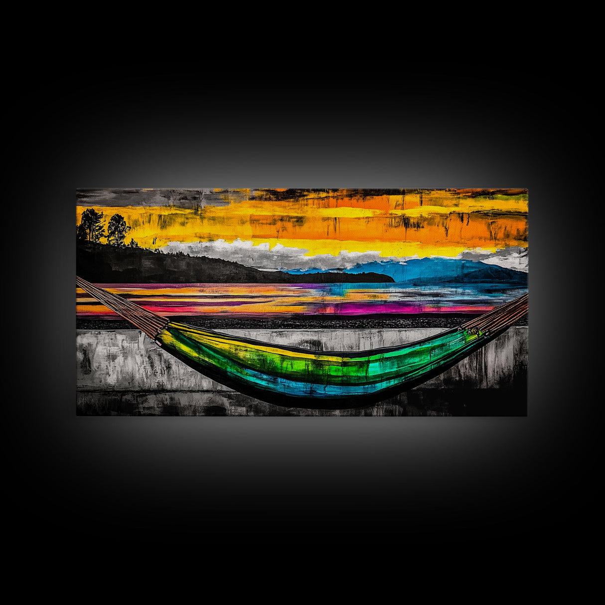 Hammock Sunset Relaxation Art, Framed Canvas Print, Colorful Beach Wall Art, Tropical Home Decor, Vibrant Living Room Art, Boho Art