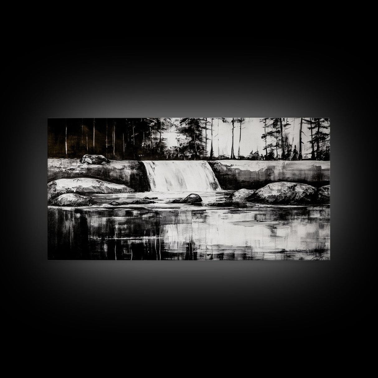 Waterfall Landscape, Black and White Nature Art, Forest Wall Decor, Rustic Art, Minimalist Landscape, Cabin Artwork, Framed Canvas Print