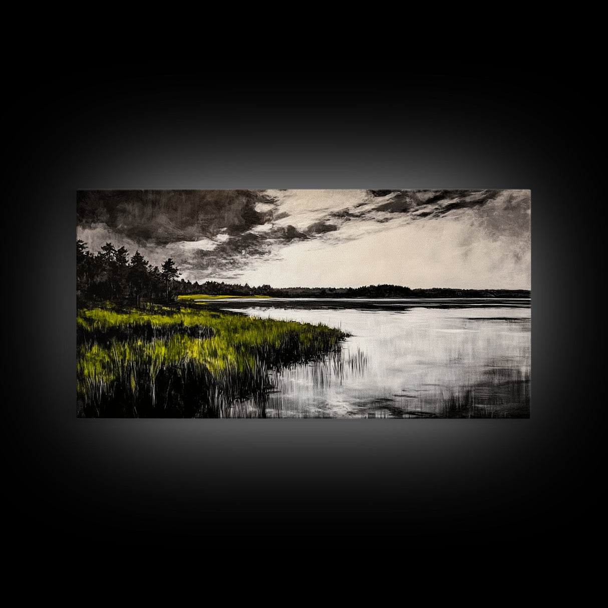 Marshland, Moody Sky, Lakeside View, Canvas Print, Nature Photography, Living Room Wall Art, Rustic Landscape, Neutral Tones Decor