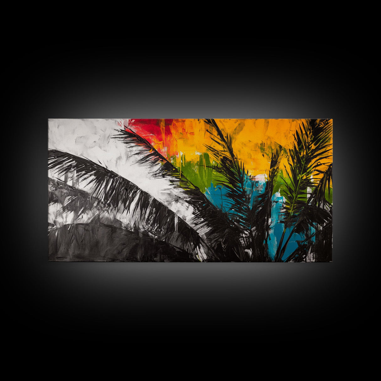 Tropical Palm Leaves, Sunset Art, Beach House Decor, Vibrant Coastal Painting, Island Vibes, Framed Canvas Print, Bedroom Wall Art
