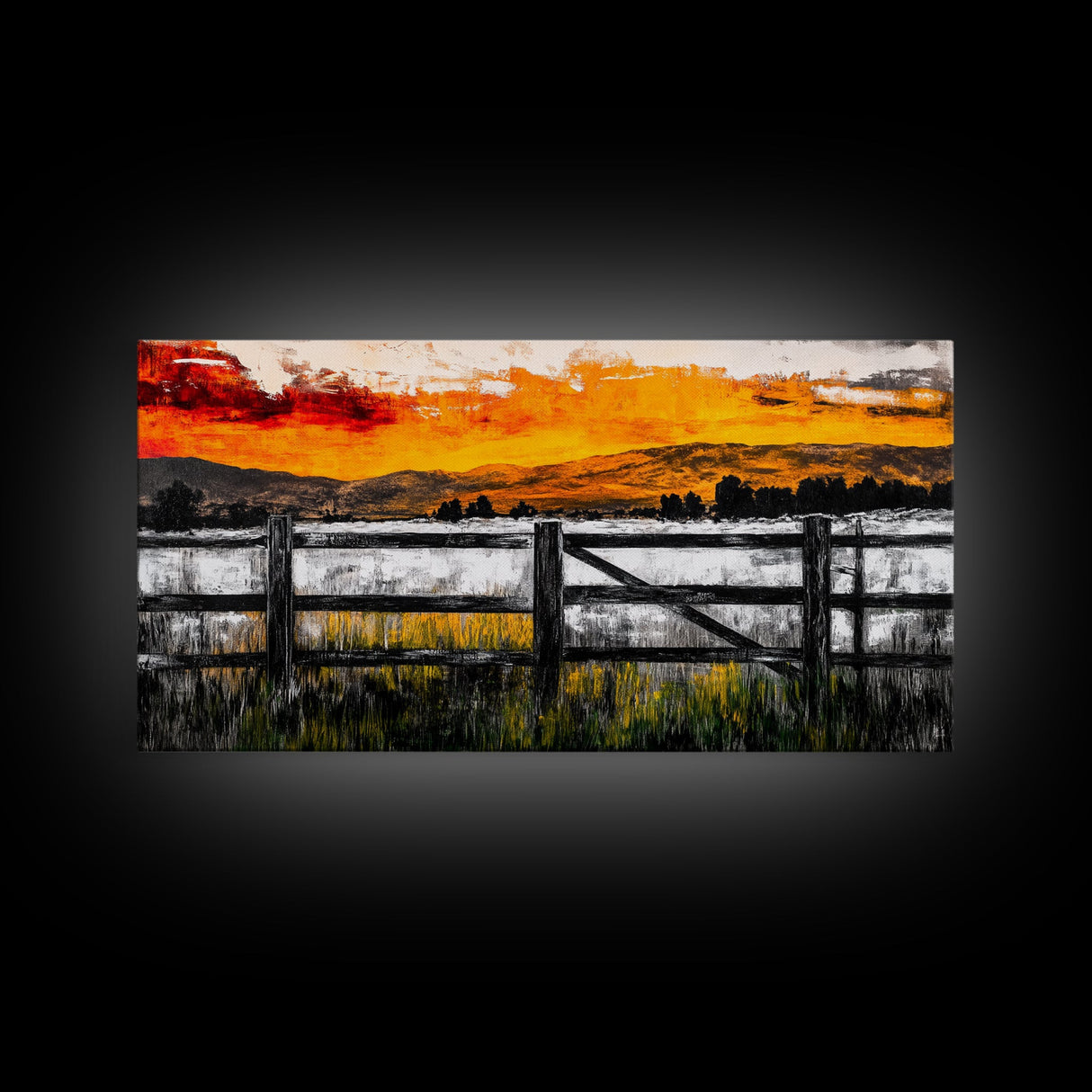 Sunset Fence, Mountain View, Rustic Canvas Print, Large Wall Art, Autumn, Farmhouse Painting, Framed Canvas Print, Moody Home Decor
