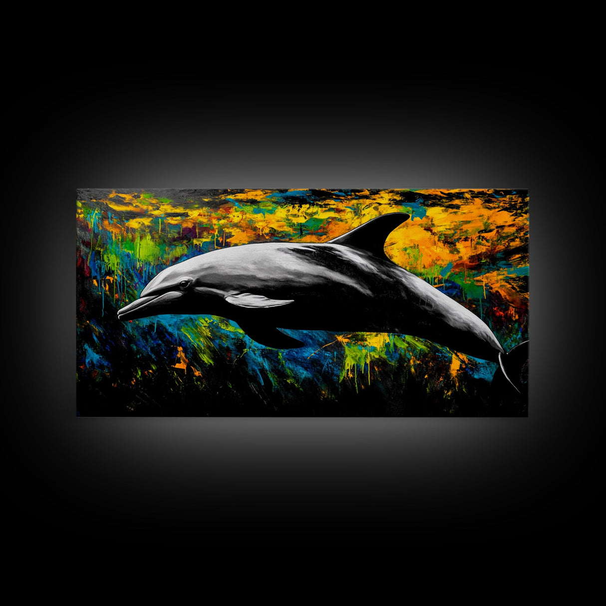 Dolphin, Ocean, Vibrant, Abstract, Framed Canvas Print, Colorful Sea Life Wall Art, Coastal Decor, Beach House Art, Nautical Theme