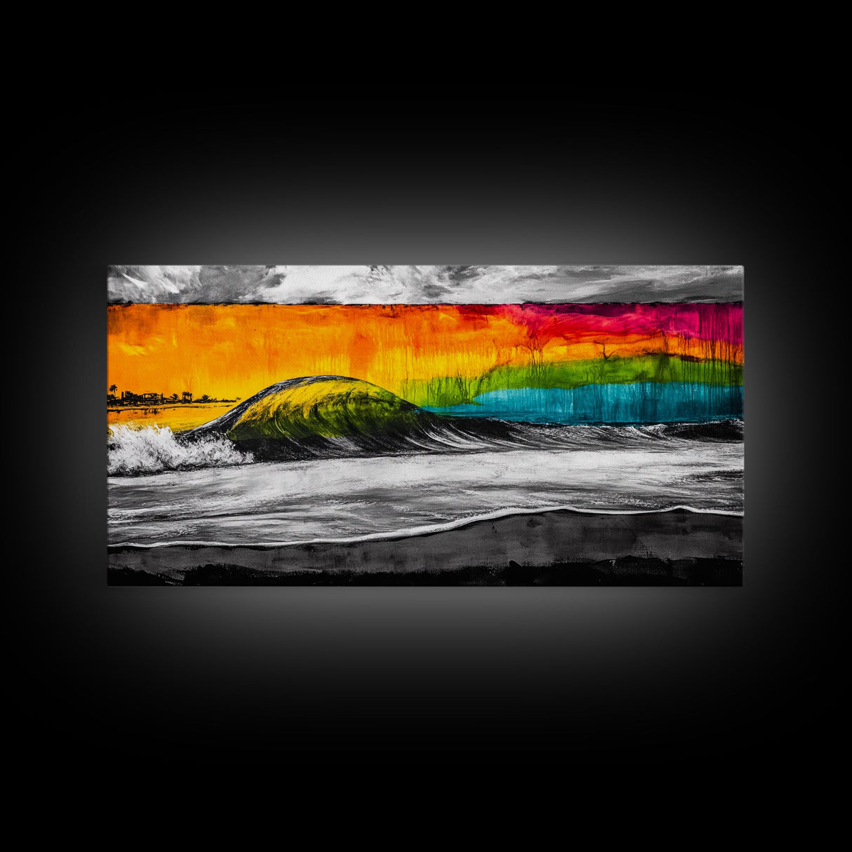 Colorful Wave, Tropical Sunset, Surf Art, Canvas Print, Beach Wall Art, Coastal Decor, Vibrant Ocean Painting, Framed Canvas Print, Large Wall Art