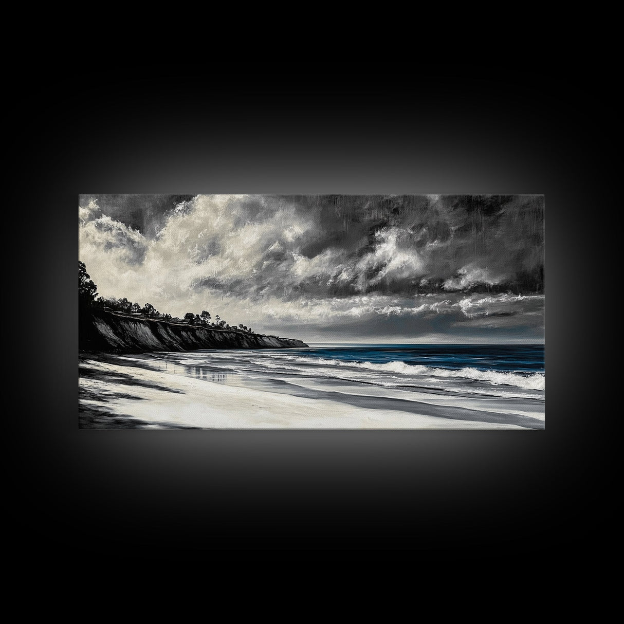 Moody Seascape, Stormy Ocean, Dramatic Sky, Beach Wall Art, Black and White Coastal Decor, Framed Canvas Print, Large Landscape Art
