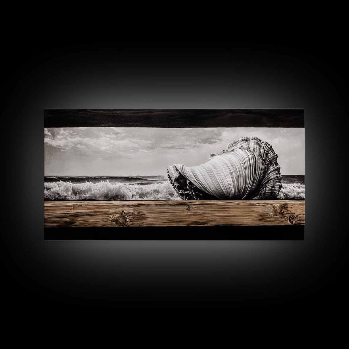 Seashell and Waves, Nautical Art, Coastal Beach Decor, Black and White Seascape, Ocean Home Art, Framed Canvas Print, Elegant Art
