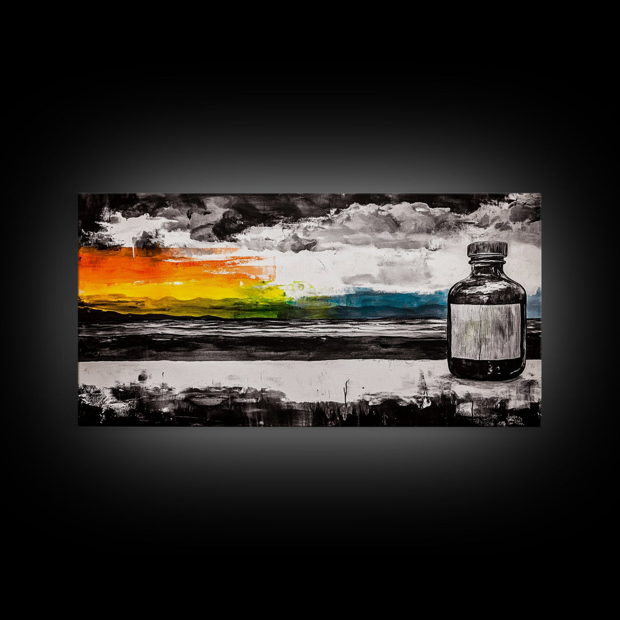 Medicine Bottle, Surreal Art, Sunset Print, Framed Canvas Print, Dreamy Landscape, Modern Wall Decor, Eclectic Art, Office Artwork