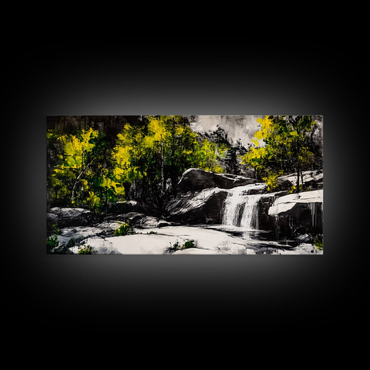 Waterfall Scene, Nature Art, Black and White Landscape, Rustic Cabin Decor, Wilderness Painting, Relaxing Wall Art, Canvas Print
