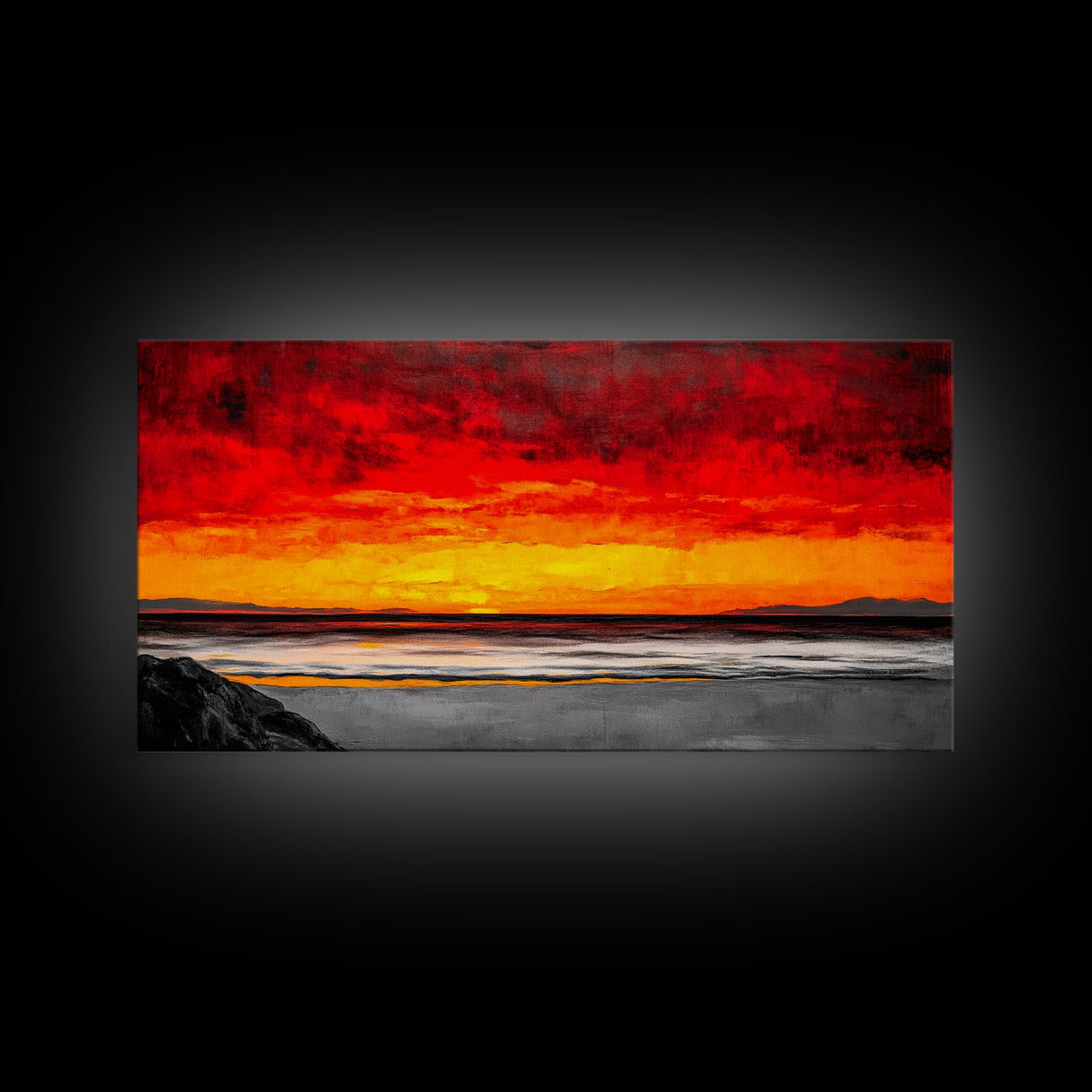 Red Sunset, Ocean Shore, Dramatic Sky, Bold Expressionist Art, Vibrant Landscape, Beach House Decor, Living Room, Canvas Print