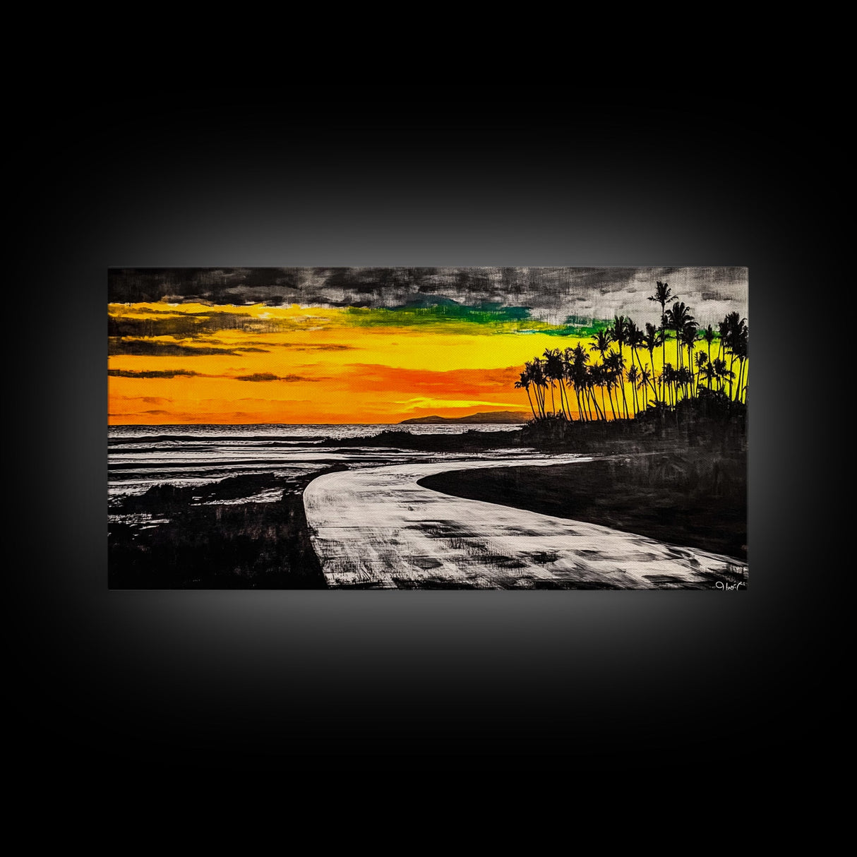 Tropical Beach, Sunset Painting, Ocean Horizon, Modern Coastal Decor, Palm Tree Art, Framed Canvas Print, Living Room Wall Art, Beach Scene