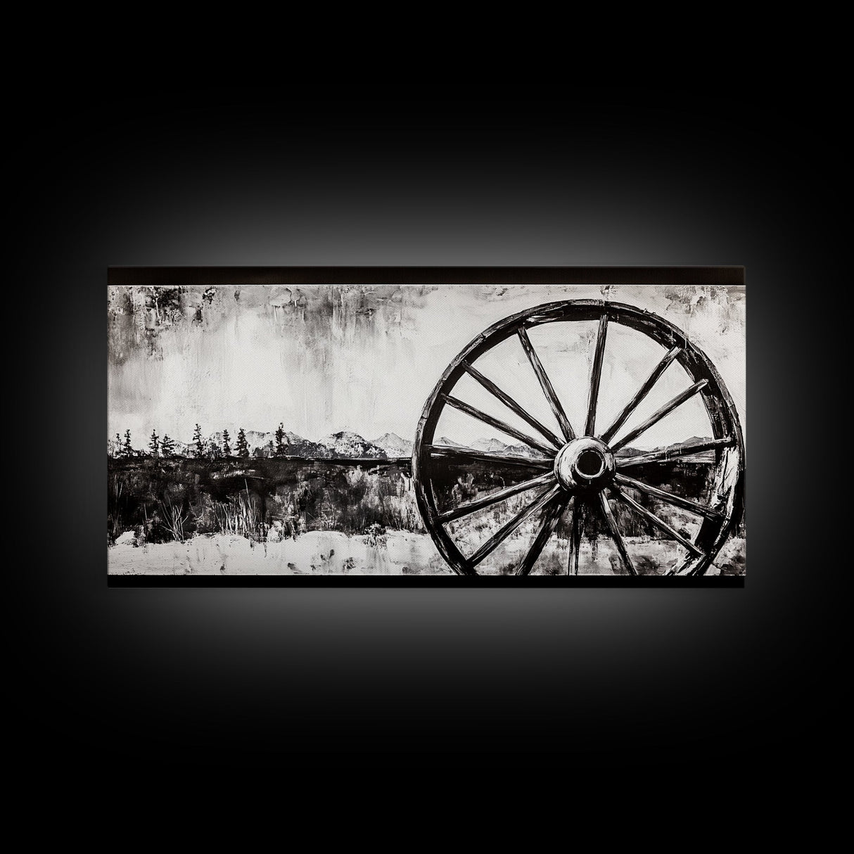 Wagon Wheel, Mountain Landscape, Black and White Western Art, Rustic Home Decor, Framed Canvas Print, Farmhouse Living Room Art