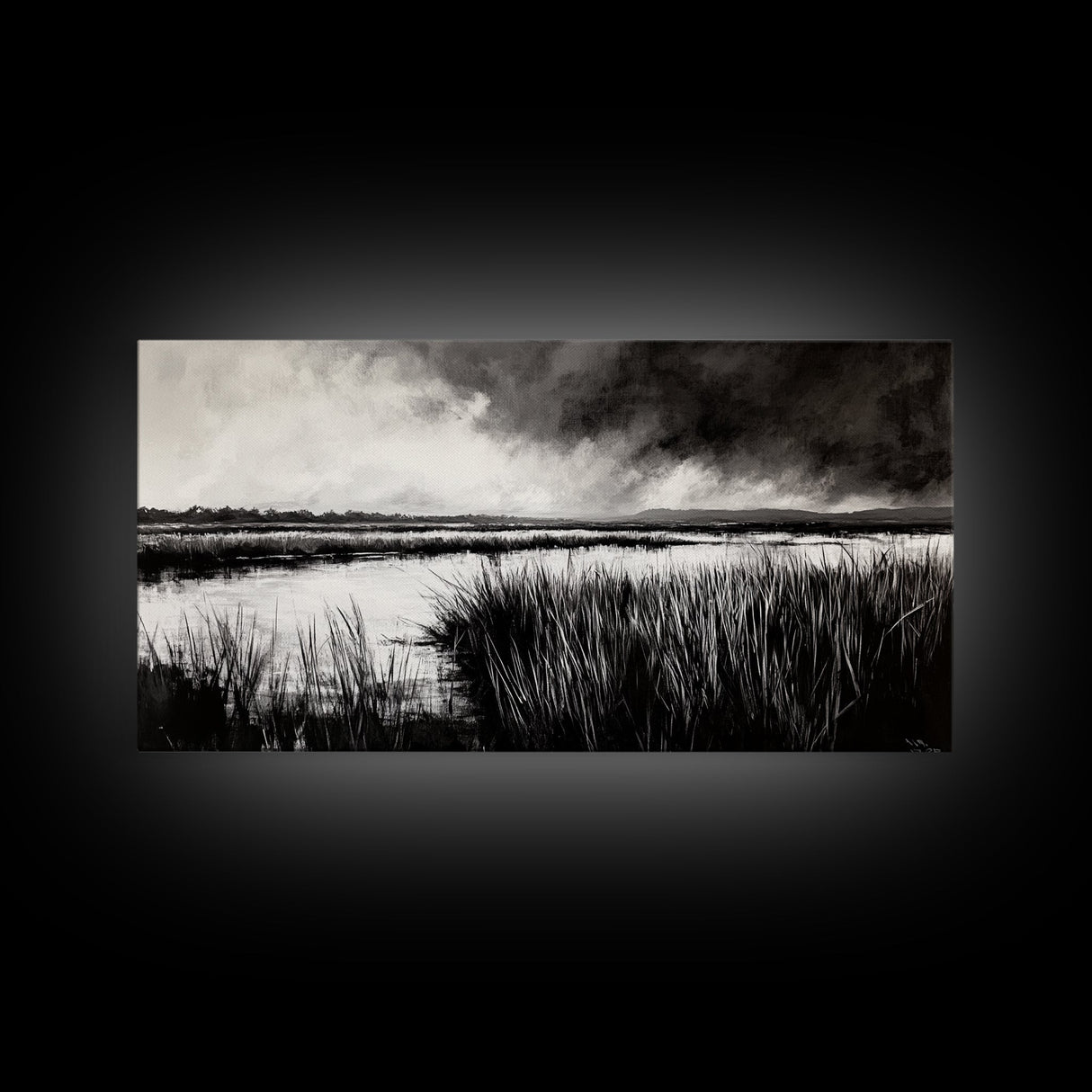 Marshland Landscape, Moody Black and White Art, Nature Wall Decor, Large Framed Canvas Print, Serene Wetlands Painting