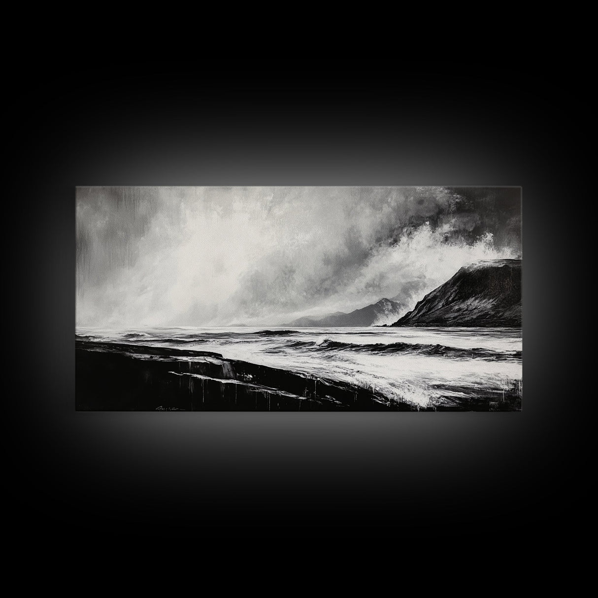 Monochrome Seascape, Dramatic Waves, Stormy Ocean, Modern Wall Art, Black and White Painting, Living Room Art, Framed Canvas Print, Gift Idea