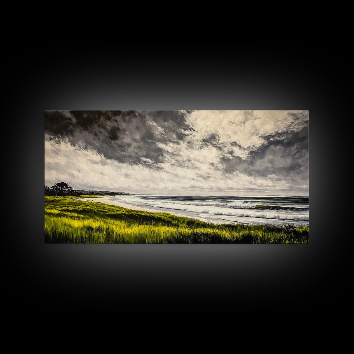 Seaside Serenity, Stormy Ocean, Beach Wall Art, Nature Inspired Decor, Moody Coastal Scene, Yellow Grass, Living Room Artwork, Canvas Print