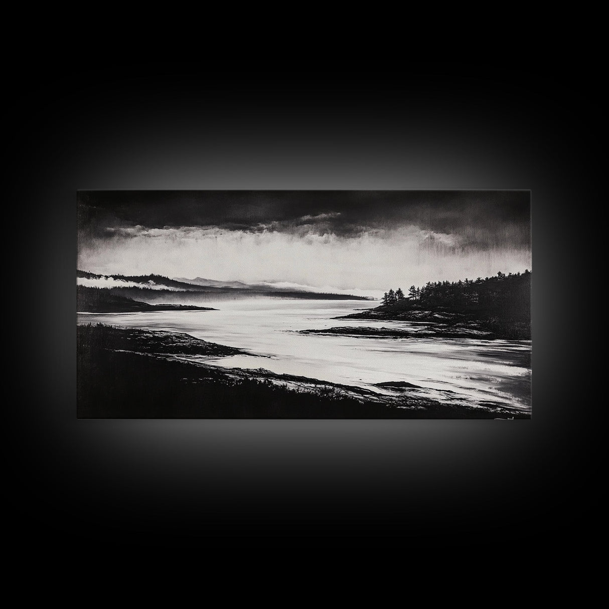 Serene Waters, Mountain Lake, Foggy Landscape, Canvas Print, Black and White Art, Minimalist Home Decor, Rustic Cabin Wall Art, Office Art