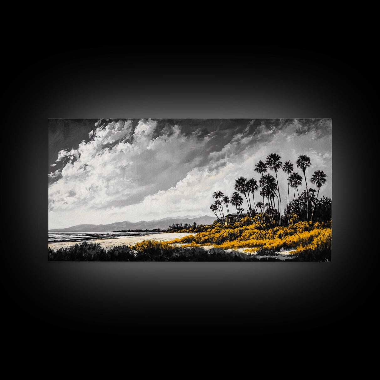 Tropical Beach, Palm Trees, Black and White, Coastal Art, Modern Minimalist, Framed Canvas Print, Beach House Decor, Nature Wall Art