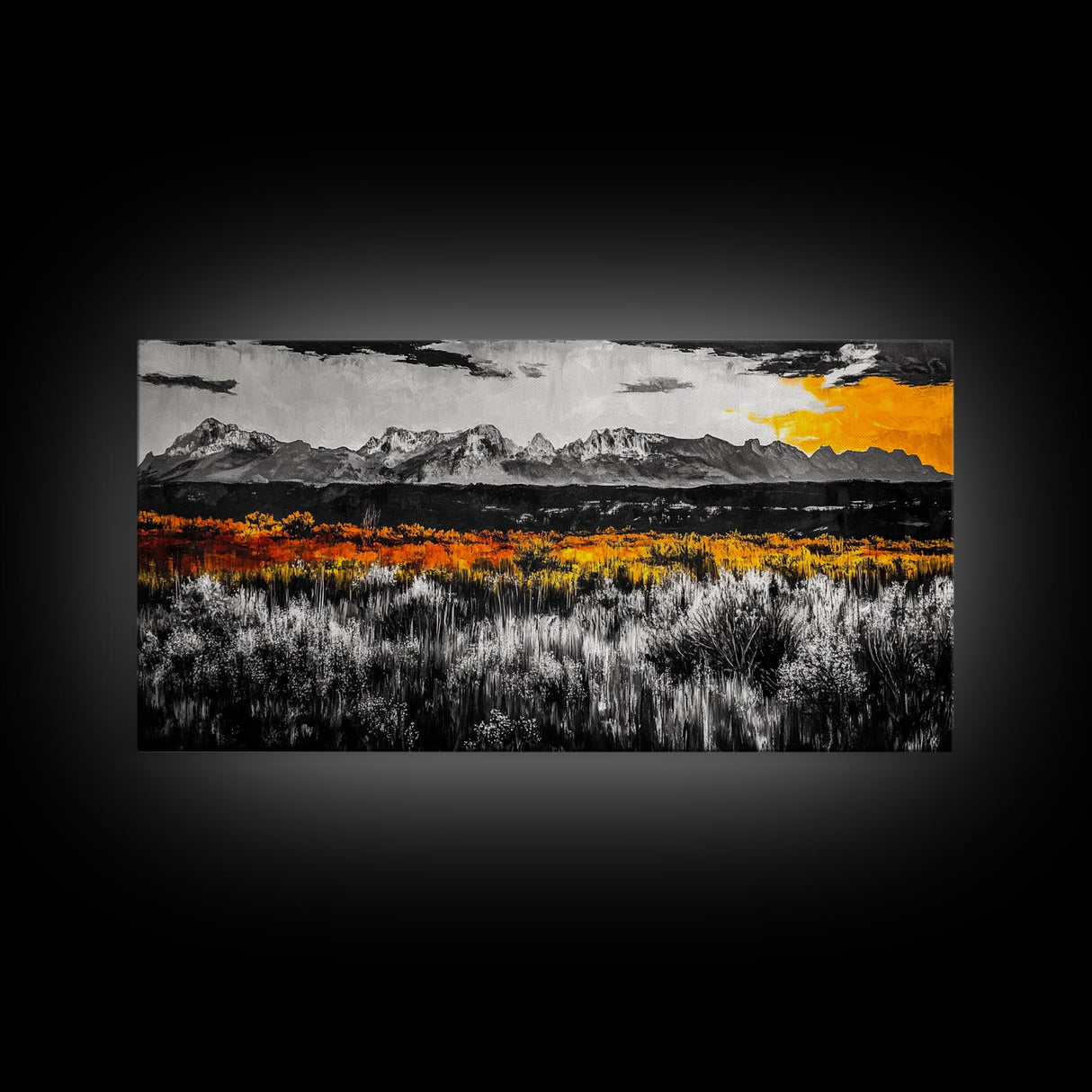 Mountain Range, Autumn Colors, Rustic Landscape, Moody Sky, Warm Tones, Framed Canvas Print, Cabin Wall Decor, Living Room Art
