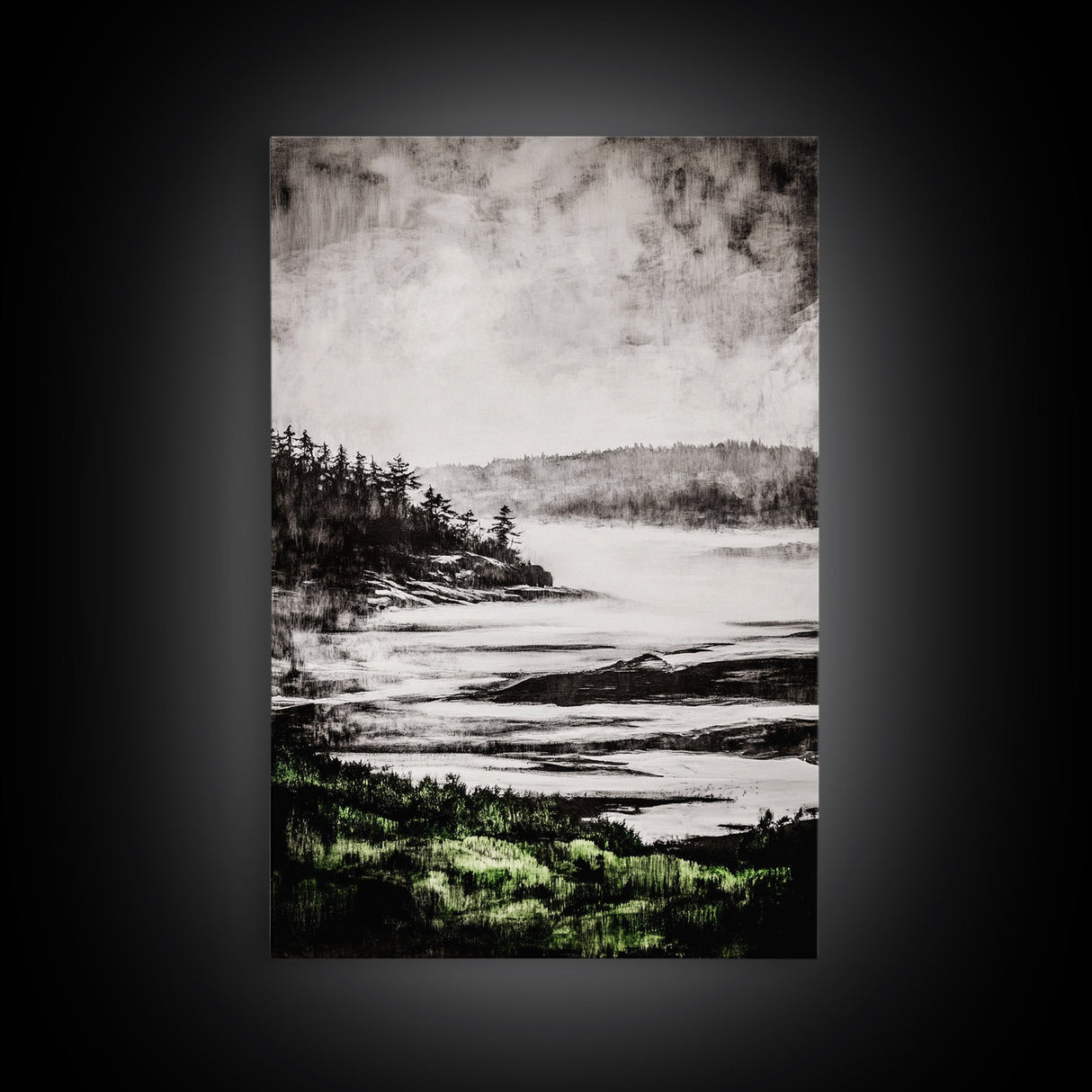 Misty Mountain View, Black and White Landscape, Minimalist Nature Wall Art, Bedroom Decor, Framed Canvas Print, Neutral Aesthetic