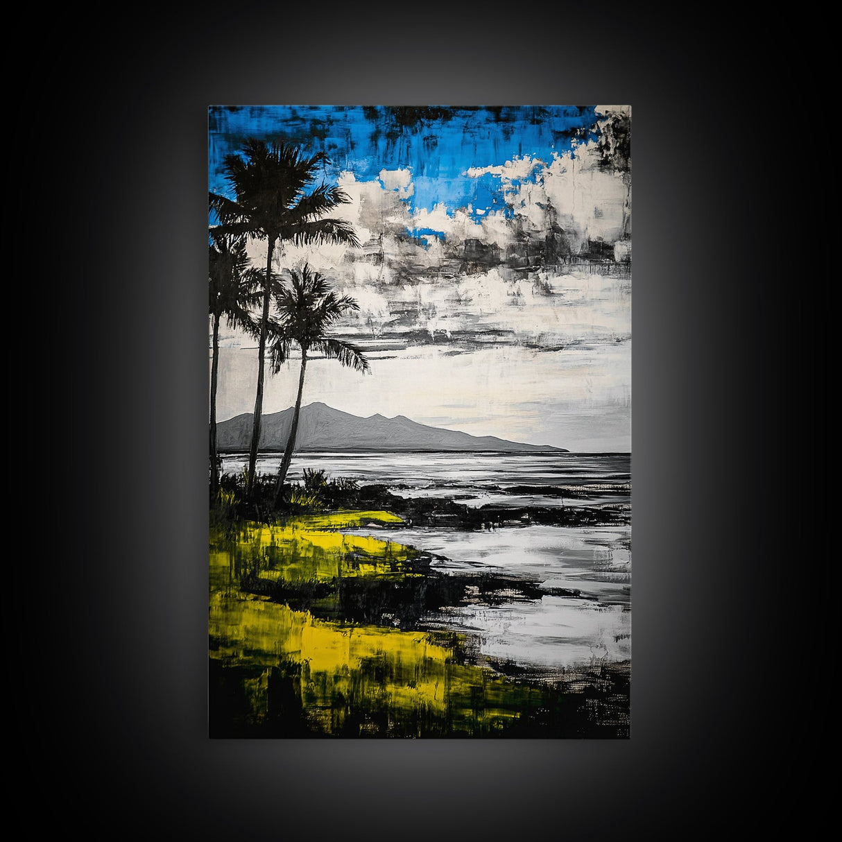 Tropical Beach Scene, Coastal Landscape Art, Black White Blue Yellow, Palm Tree Ocean Decor, Relaxing Home Gift, Framed Canvas Print