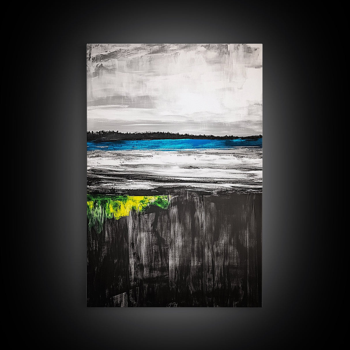 Tranquil Lake View, Blue Water Abstract Landscape, Moody Black White Sky, Serene Nature Wall Decor, Relaxing Home Gift, Canvas Print