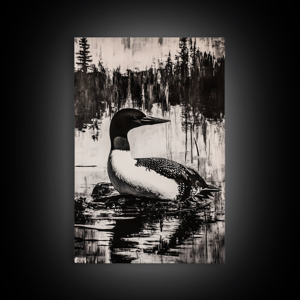 Loon, Lake Reflection, Nature Wall Art, Framed Canvas Print, Black and White Art, Minimalist Decor, Cabin Wall Art, Rustic Home