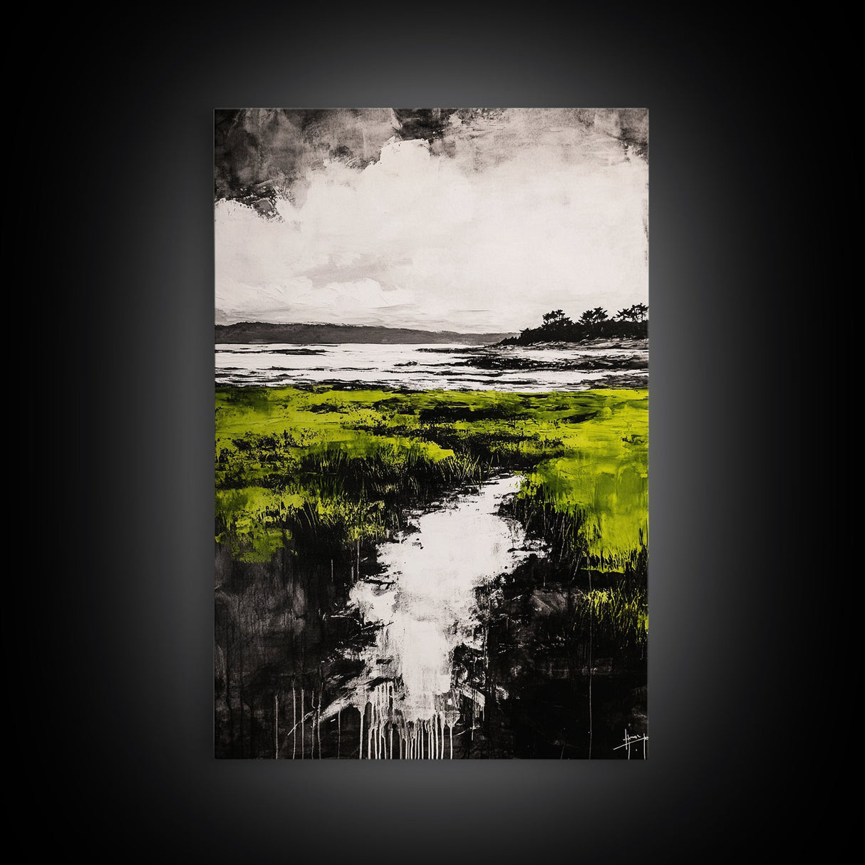 Marsh, Coastal Greenery, Landscape Wall Art, Framed Canvas Print, Nature Aesthetic, Living Room Decor, Serene Scenic View, Rustic Style