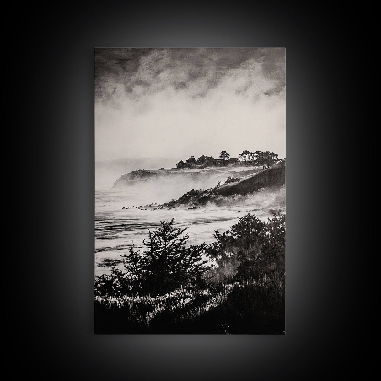 Misty Coast, Black White Art, Framed Canvas Print, Coastal Landscape, Foggy Ocean, Living Room Art, Nautical Decor, Monochrome Art