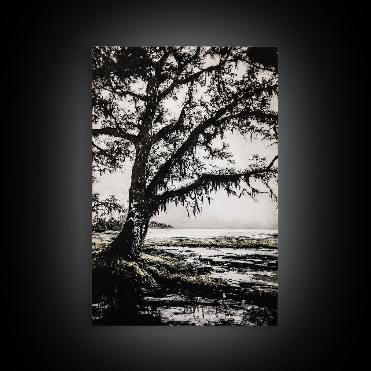 Tree Silhouette, Black White Art, Canvas Print, Dramatic Landscape, Coastal Wall Art, Nature Scene, Monochrome Decor, Minimalist Art