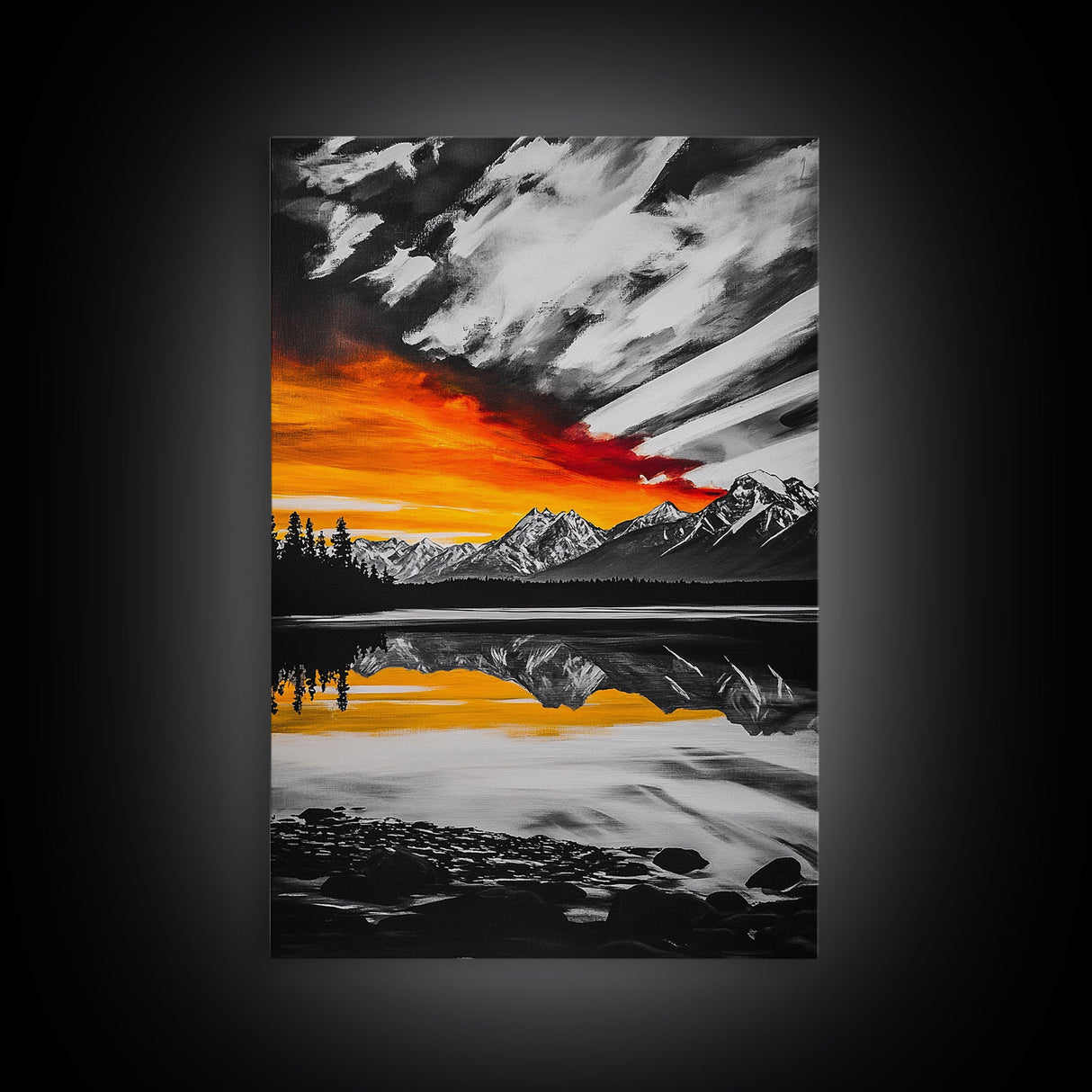 Fiery Sunset, Mountain Reflection, Canvas Print, Lake Wall Art, Nature Photography, Rustic Decor, Living Room Art, Fall Color Palette