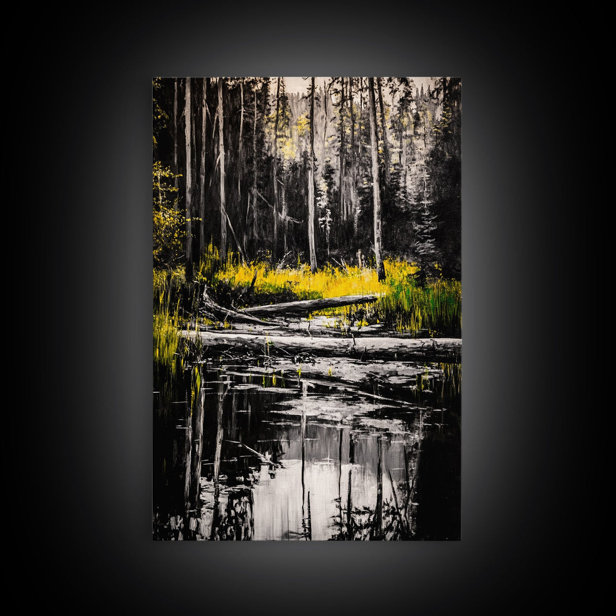 Forest Reflection, Black and White Landscape, Rustic Home Art, Nature Inspired Painting, Cabin Wall Decor, Framed Canvas Print