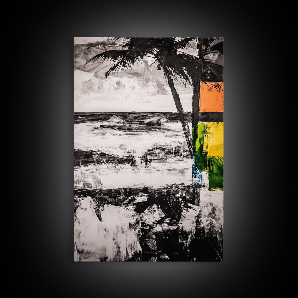 Palm Tree, Coastal Abstract, Beach Landscape, Framed Canvas Print, Tropical Wall Art, Black and White Painting, Modern Home Decor