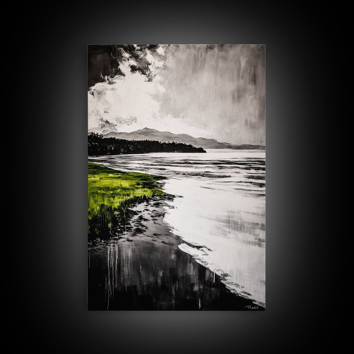Moody Lake Scene, Black White Green, Framed Canvas Print, Nature Landscape Painting, Serene Wall Art, Contemporary Home Decor