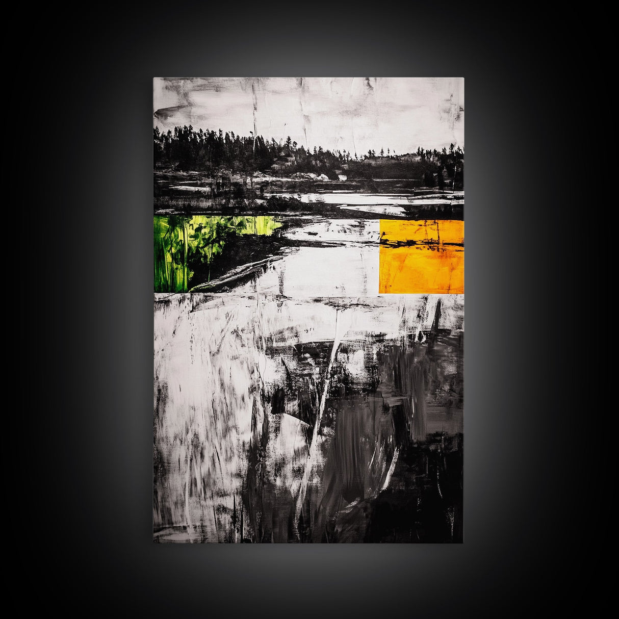 Minimalist Landscape, Abstract Nature, Modern Print, Contemporary Painting, Black and White, Green Accents, Framed Canvas Print, Bedroom Art